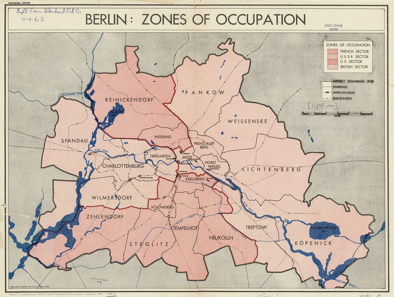 Farbgrafik: Karte von Berlin, die die Unterteilung in vier Zonen durch farblich abgegrenzte Flächen anzeigt.