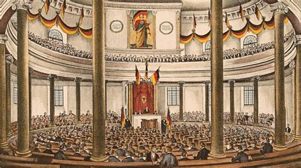 Paulskirche innen: als gemeinfrei gekennzeichnet, https://commons.wikimedia.org/wiki/File:Zeitgen%C3%B6ssige_Lithografie_der_Nationalversammlung_in_der_Paulskirche.jpg, ausgeschnitten von HLZ, CC0 1.0