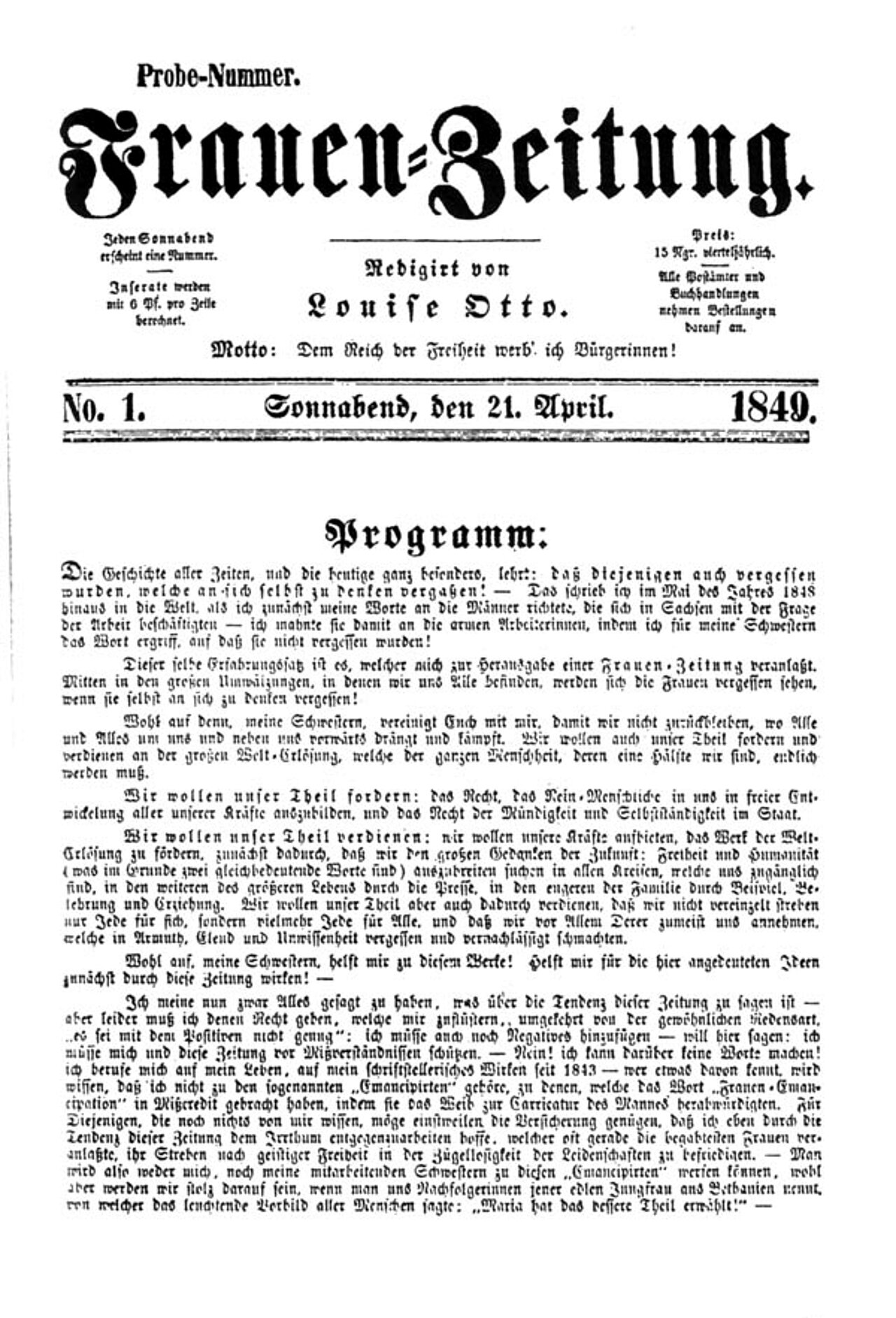 Frauen-Zeitung Probenummer 1849, Bildrecht: Louise Otto-Peters (1819-1895), als gemeinfrei gekennzeichnet, https://de.wikipedia.org/wiki/Frauen-Zeitung#/media/Datei:Frauen-Zeitung_Probenummer_1849.jpg