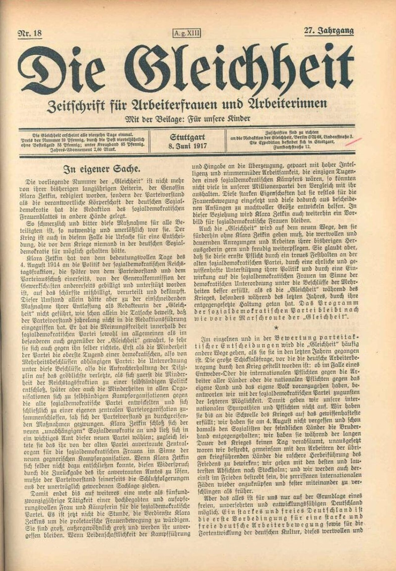 Zeitschrift "Die Gleichheit". Foto: Public domain, via Wikimedia Commons; https://upload.wikimedia.org/wikipedia/commons/6/61/Die_Gleichheit_8_June_1917.jpg Zeitschrift "Die Gleichheit". Foto: Public domain, via Wikimedia Commons; https://upload.wikimedia.org/wikipedia/commons/6/61/Die_Gleichheit_8_June_1917.jpg