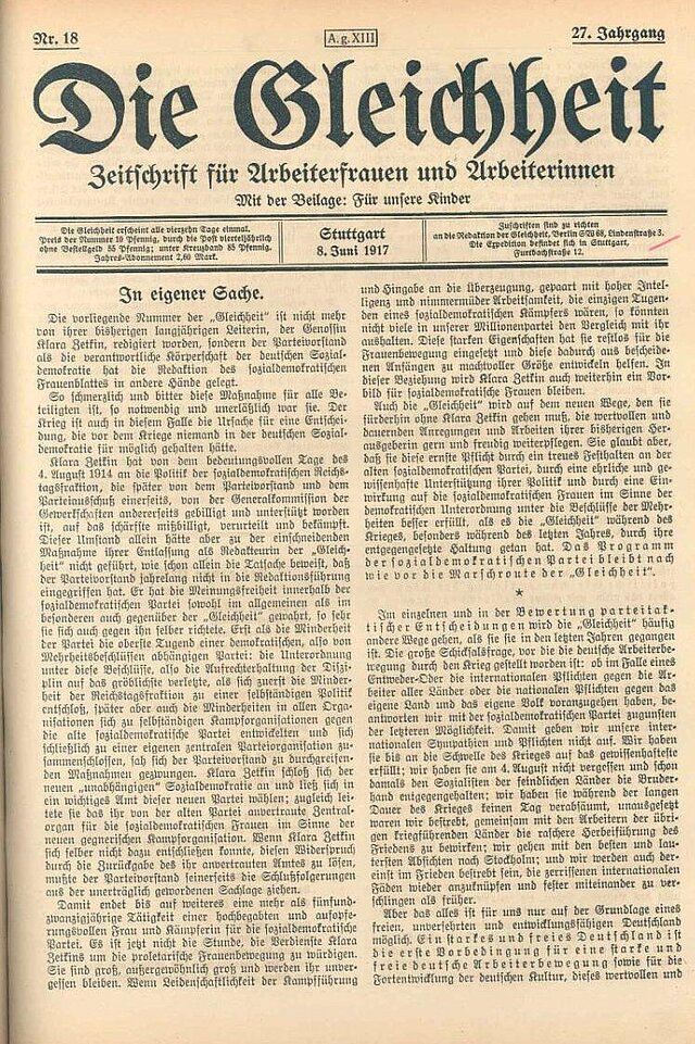 Zeitschrift "Die Gleichheit". Foto: Public domain, via Wikimedia Commons; https://upload.wikimedia.org/wikipedia/commons/6/61/Die_Gleichheit_8_June_1917.jpg Zeitschrift "Die Gleichheit". Foto: Public domain, via Wikimedia Commons; https://upload.wikimedia.org/wikipedia/commons/6/61/Die_Gleichheit_8_June_1917.jpg