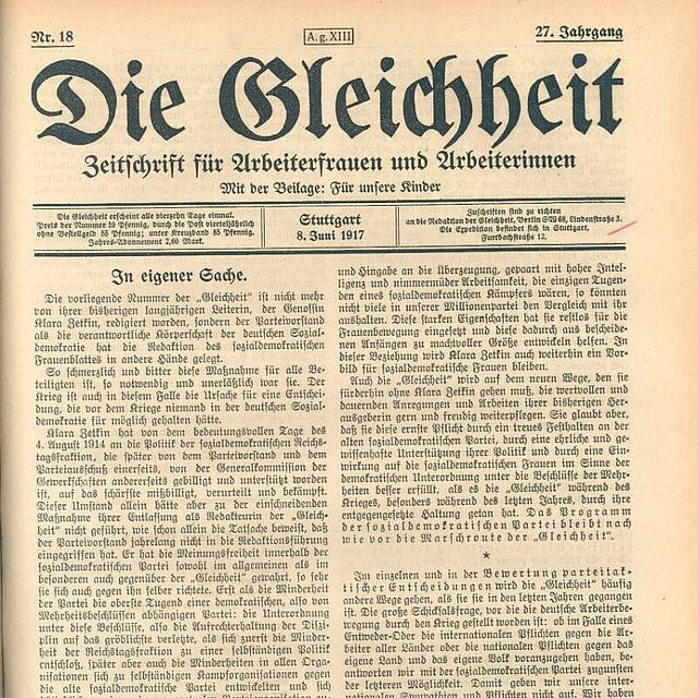 Zeitschrift "Die Gleichheit". Foto: Public domain, via Wikimedia Commons; https://upload.wikimedia.org/wikipedia/commons/6/61/Die_Gleichheit_8_June_1917.jpg Zeitschrift "Die Gleichheit". Foto: Public domain, via Wikimedia Commons; https://upload.wikimedia.org/wikipedia/commons/6/61/Die_Gleichheit_8_June_1917.jpg