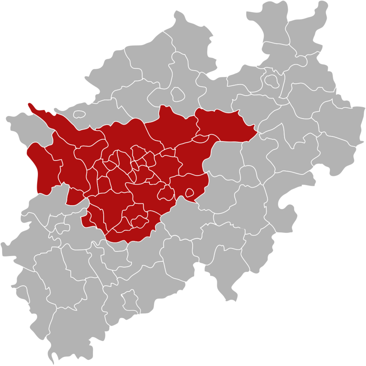 Das im Ruhrstatut als Ruhr definierte Gebiet (rot) in Nordrhein-Westfalen. Weetwat, Public domain, via Wikimedia Commons, https://upload.wikimedia.org/wikipedia/commons/9/97/Ruhr_in_NRW.svg