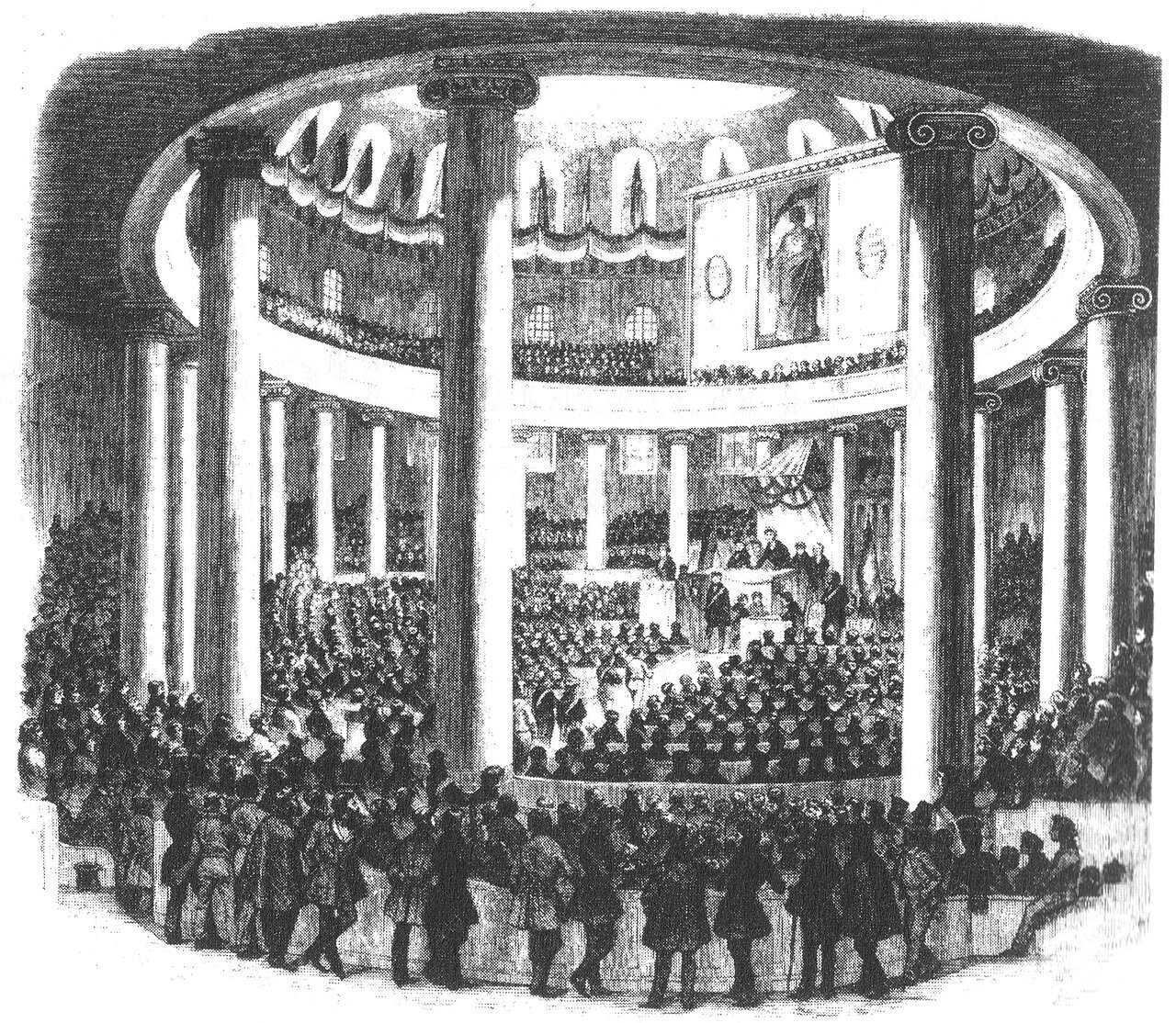 Sitzung des Vorparlaments in der Paulskirche zu Frankfurt Schwarz-weiß-Illustration: Menschen sitzen in einem Gebäude mit hohen Säulen.