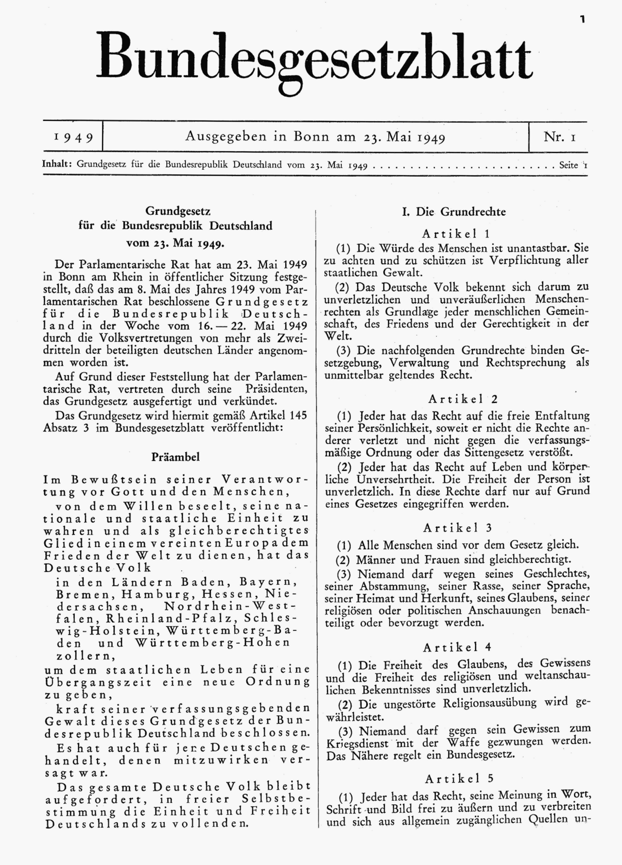Erste Ausgabe des Bundesgesetzblatts I vom 23.05.1949 mit dem Text des Grundgesetzes; Foto: Parlamentarischer Rat, Public domain, via Wikimedia Commons https://upload.wikimedia.org/wikipedia/commons/7/78/GG1949.png Erste Ausgabe des Bundesgesetzblatts I vom 23.05.1949 mit dem Text des Grundgesetzes; Foto: Parlamentarischer Rat, Public domain, via Wikimedia Commons https://upload.wikimedia.org/wikipedia/commons/7/78/GG1949.png