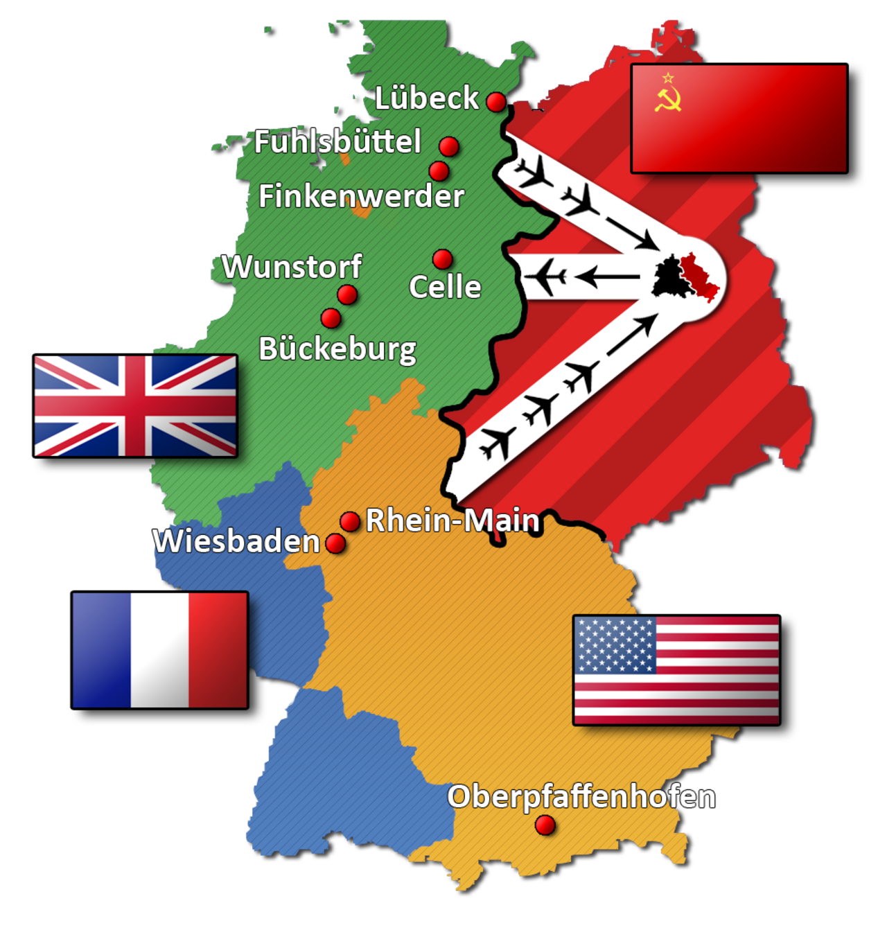Luftwege während der Berliner Blockade. Foto: Leerlaufprozess, CC BY-SA 3.0 via Wikimedia Commons: https://upload.wikimedia.org/wikipedia/commons/6/67/BerlinerBlockadeLuftwege.png Luftwege während der Berliner Blockade. Foto: Leerlaufprozess, CC BY-SA 3.0 via Wikimedia Commons: https://upload.wikimedia.org/wikipedia/commons/6/67/BerlinerBlockadeLuftwege.png